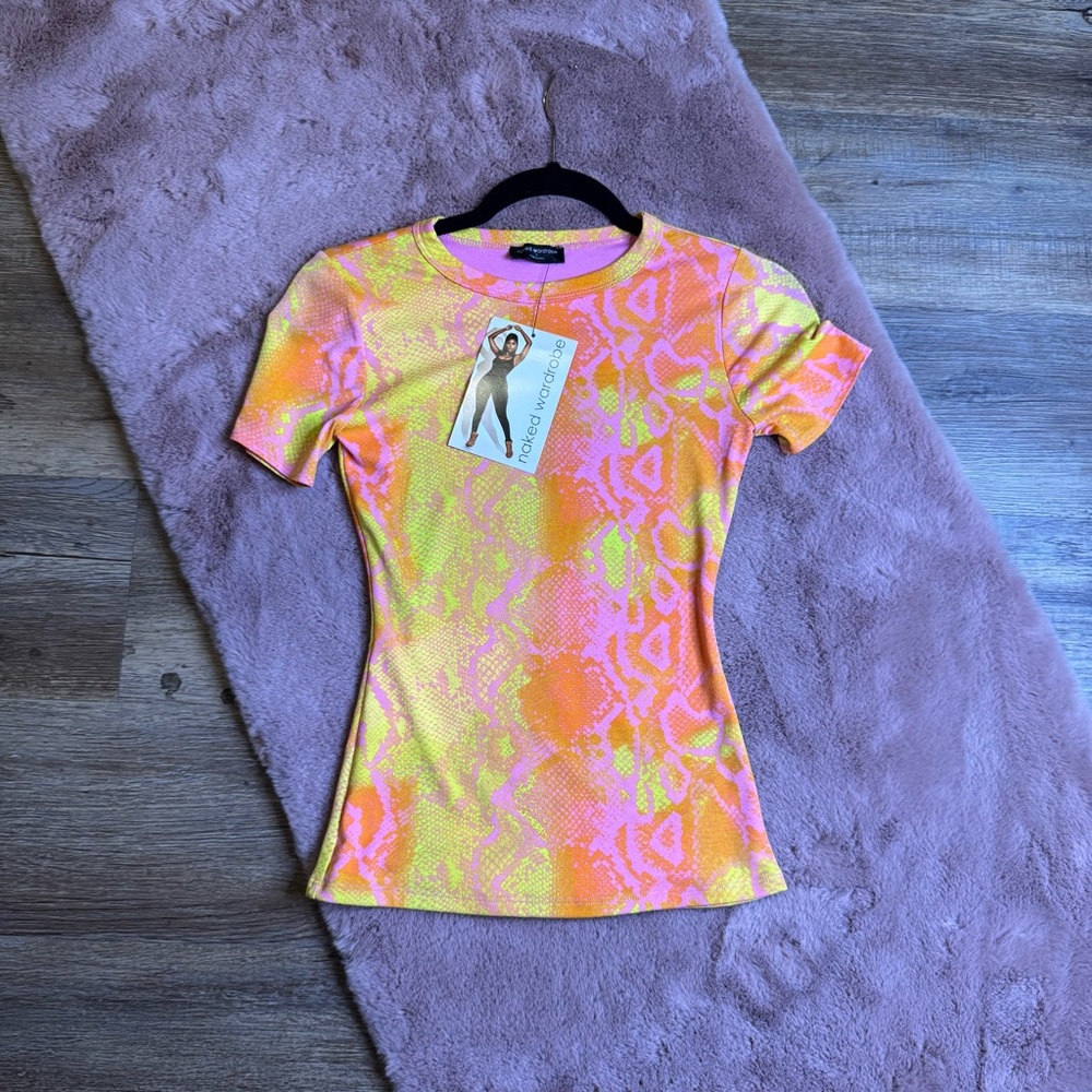 naked wardrobe Neon Snake-Print Short Sleeve Top — Yellow & Pink
